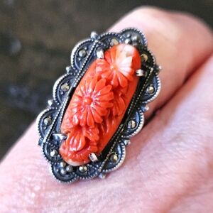 Amazing Vintage Carved Coral Sterling Silver Ring